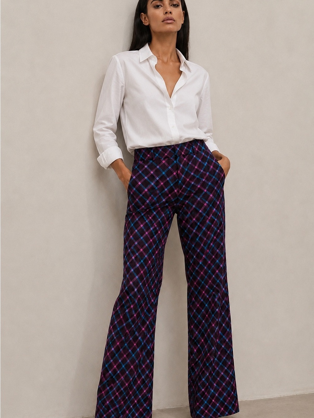 MARNI Dark Burgundy Crepe Wool Jacquard Plaid Wide Leg Trousers IT 42 NWOT